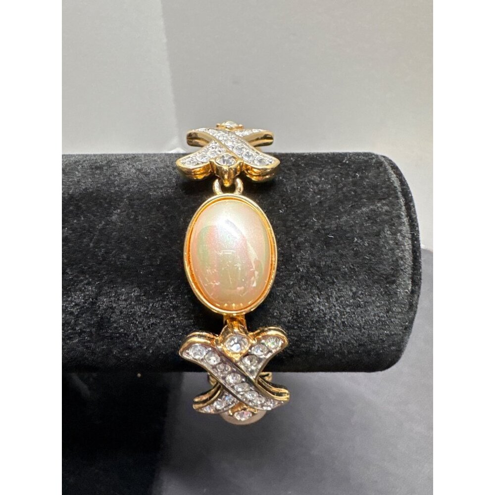 Nolan Miller Gold Tone Bracelet XO Faux Pearls & Rhinestone Accents Elegant Vint